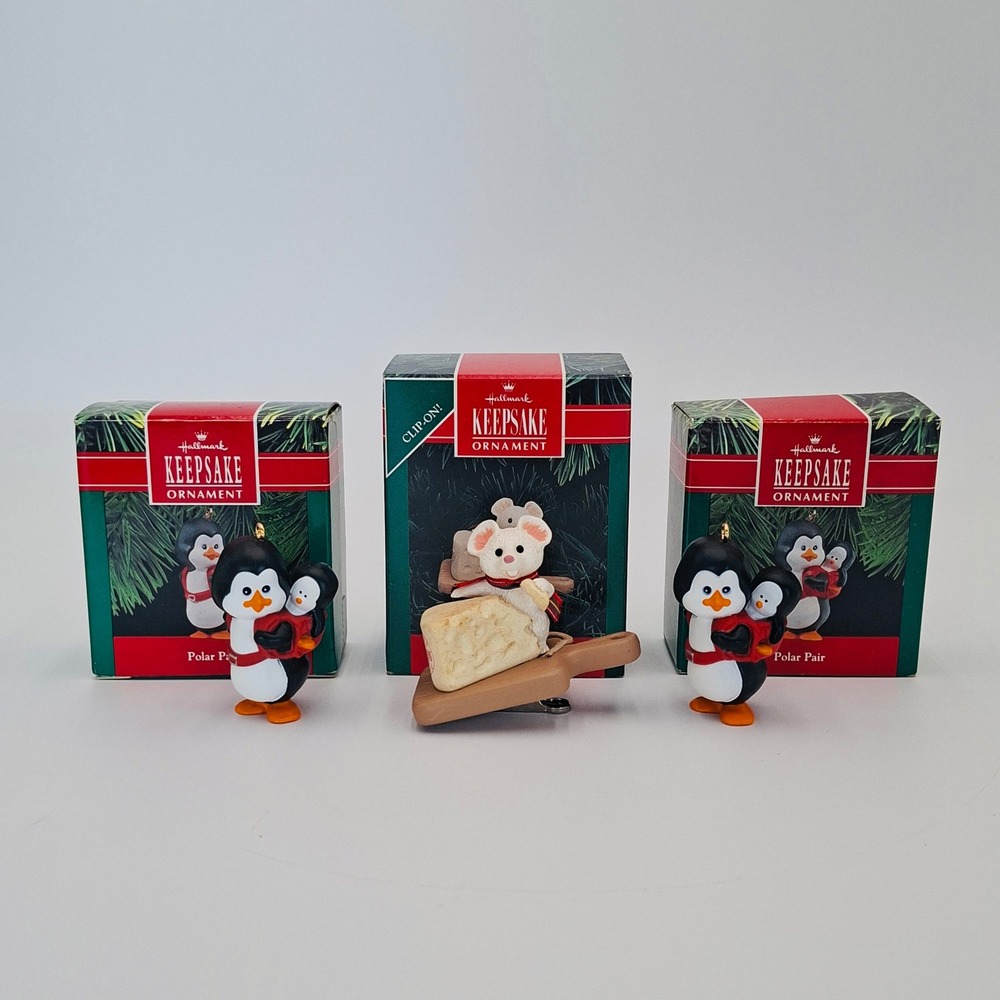 3 Hallmark Keepsake Ornaments Lot Polar Pair Penguin Merry Swiss Mouse 1990 1992